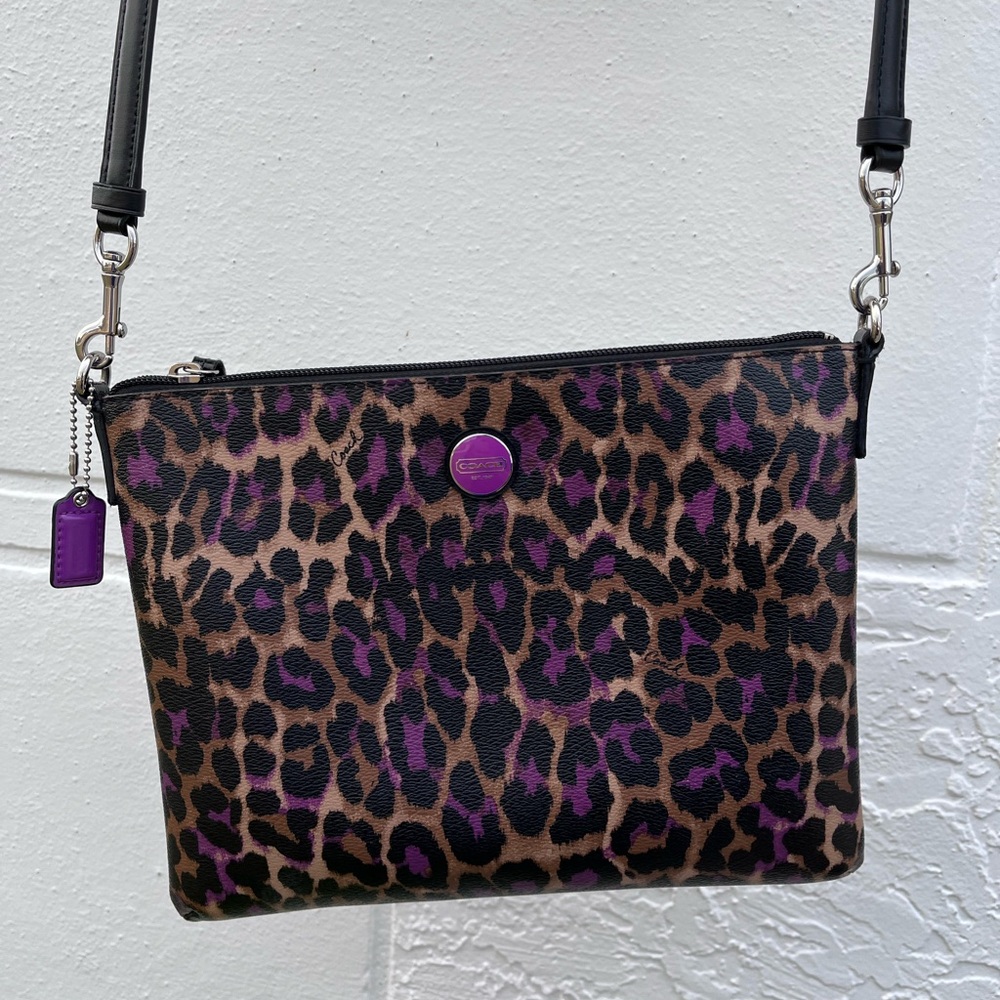 Leopard Print Crossbody Coach Bag with Purple Accents